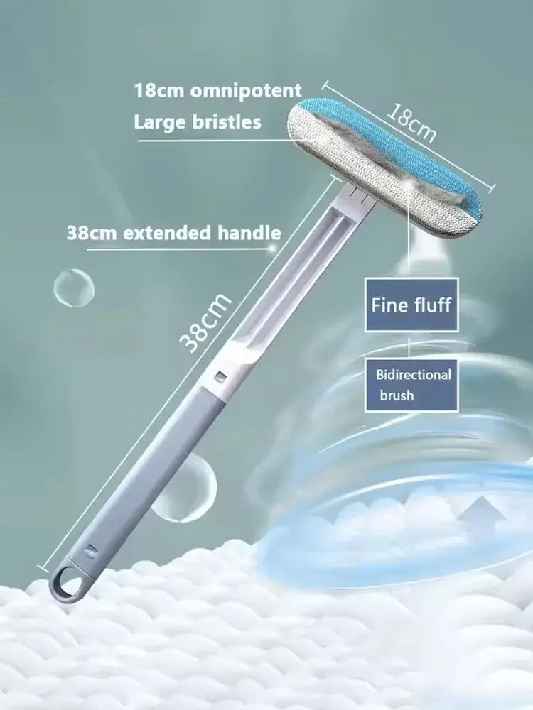 Long handle static pet hair remover and grooming tool with silver and blue 18cm brush and 38cm extended handle with large bristles