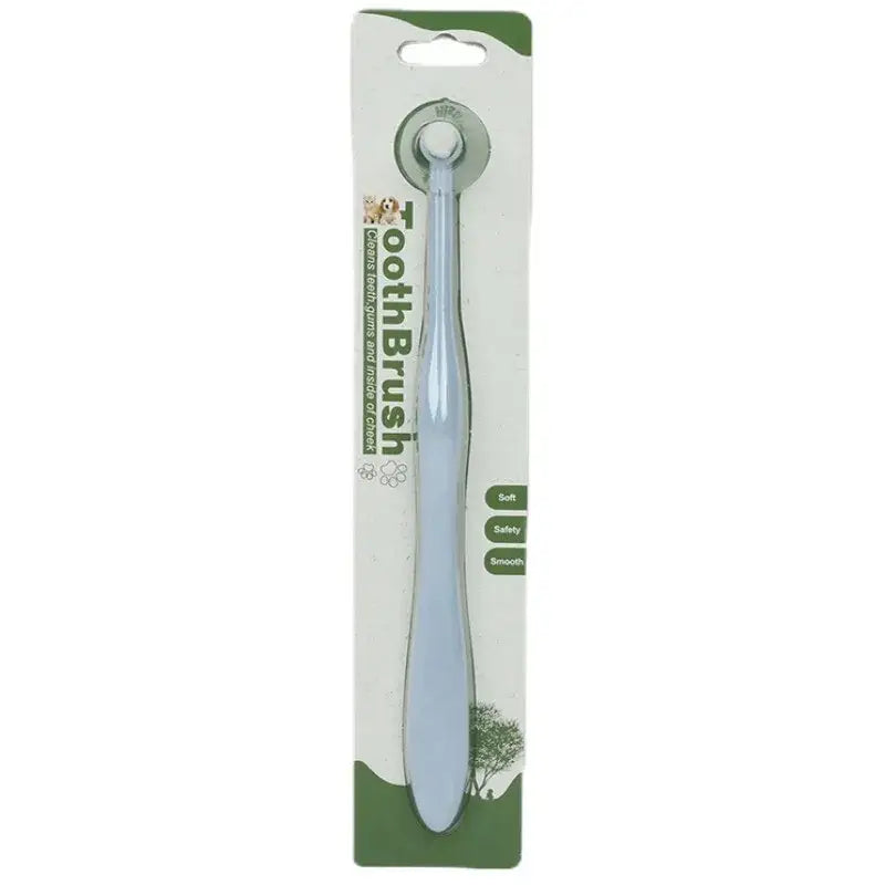 A light blue mini dog toothbrush with a rounded handle and soft bristles for gentle oral care