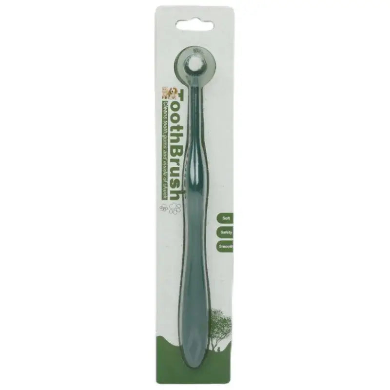 A sleek dark green plastic mini dog toothbrush with a rounded handle and circular top loop for oral care