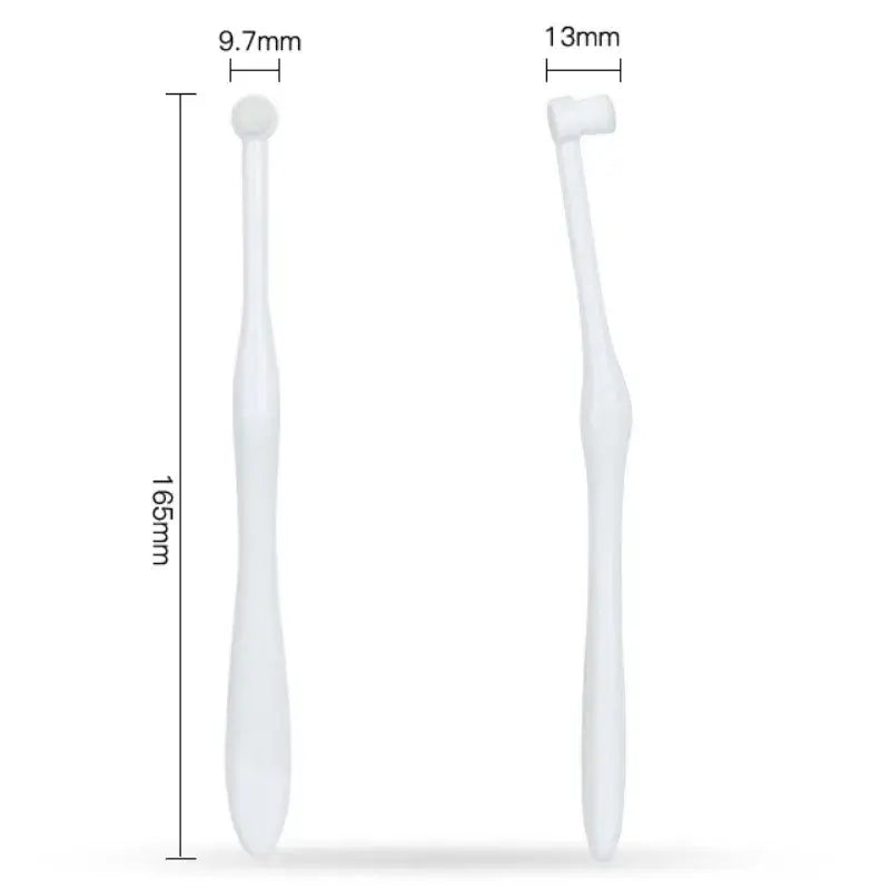White plastic dental pick with rounded tip and ergonomic handle shown in two sizes for mini dog toothbrush oral care