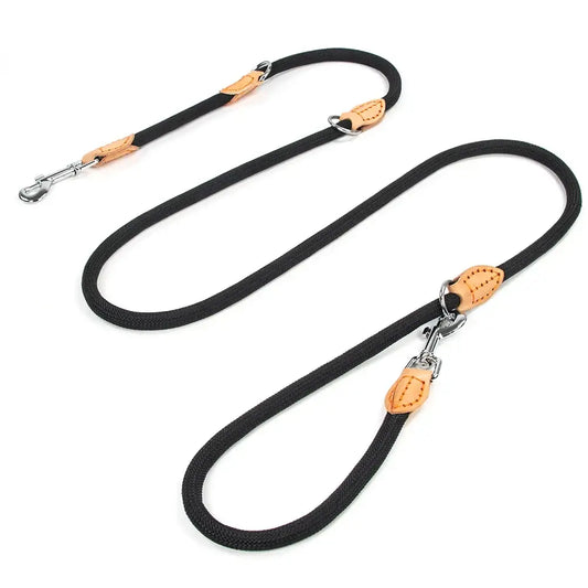 Multifunctional adjustable hands-free dog leash for two dogs in black woven with tan leather and silver metal hardware