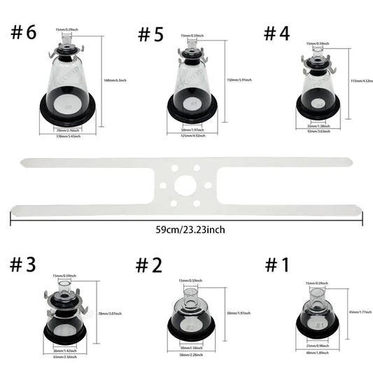 Clear plastic suction cups with black rubber bases and metal fittings in various sizes for multispecies veterinary anesthesia mask