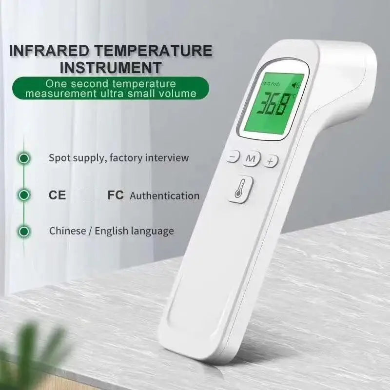 White non-contact digital pet ear thermometer with green display showing 36.8°c and measurement memory buttons