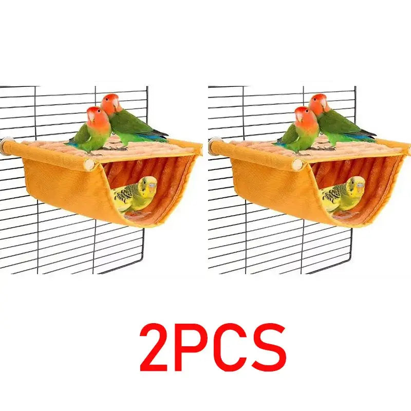 Orange fabric parrot house bird nest bed with wooden dowel handles and cozy interior for cage accessory use