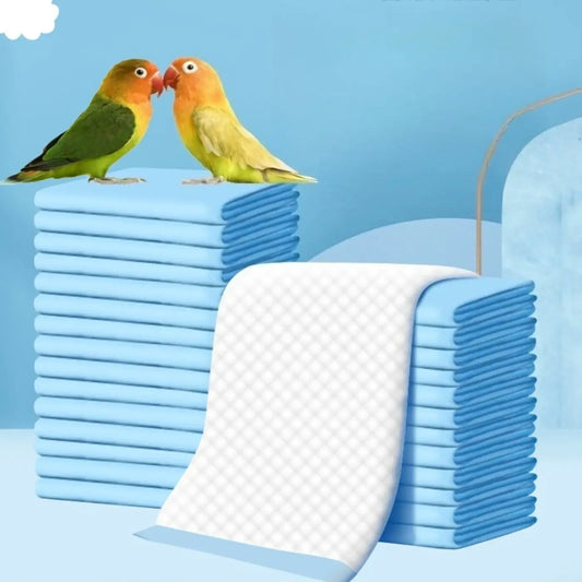 Stack of light blue parrot pee pads with white quilted absorbent layer for super absorbent bird cage liners