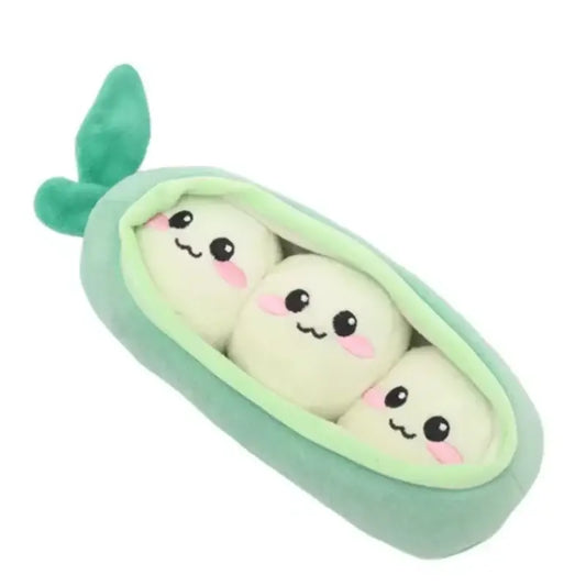 Cute light green plush pea pod dog toy with three white smiling bean characters interactive squeaky puzzle toy
