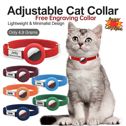 Red adjustable personalized GPS AirTag cat collar with a circular silver engraving plate and black reflective center