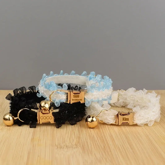 Personalized lace cat collars with bell safety buckle gold-tone hardware and engraved name on buckles in lace trim