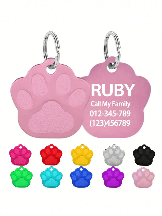 Pink paw-shaped personalized pet id tag with engraved cat name and contact information for small dogs and cats