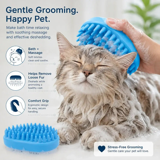 Blue silicone pet bath brush with soft bristles for gentle grooming and shedding removal deshedding tool