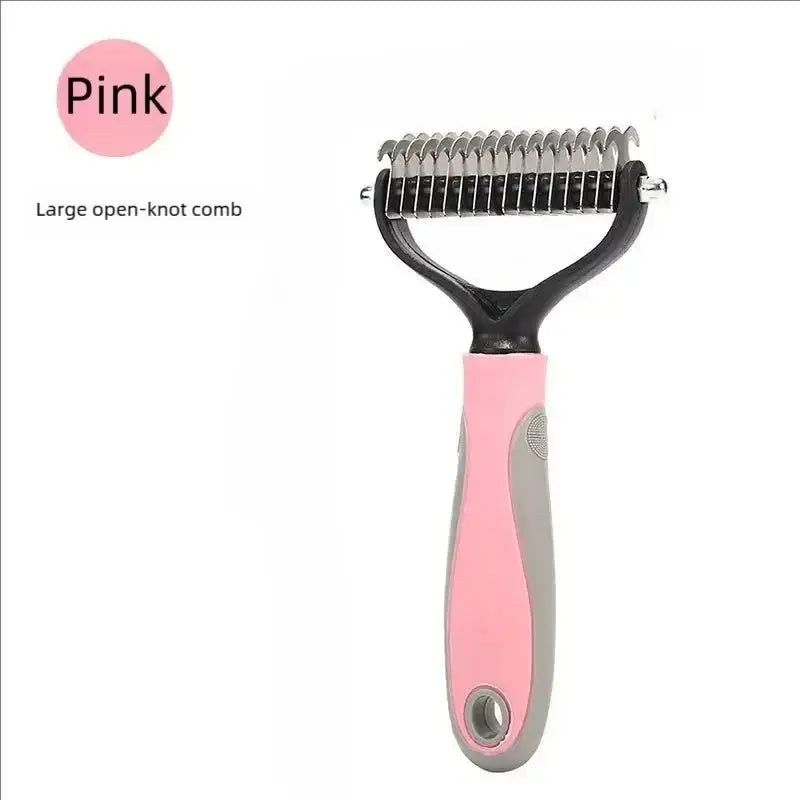 Pink and gray large open-knot stainless steel pet deshedding brush with ergonomic handle for shedding and dematting