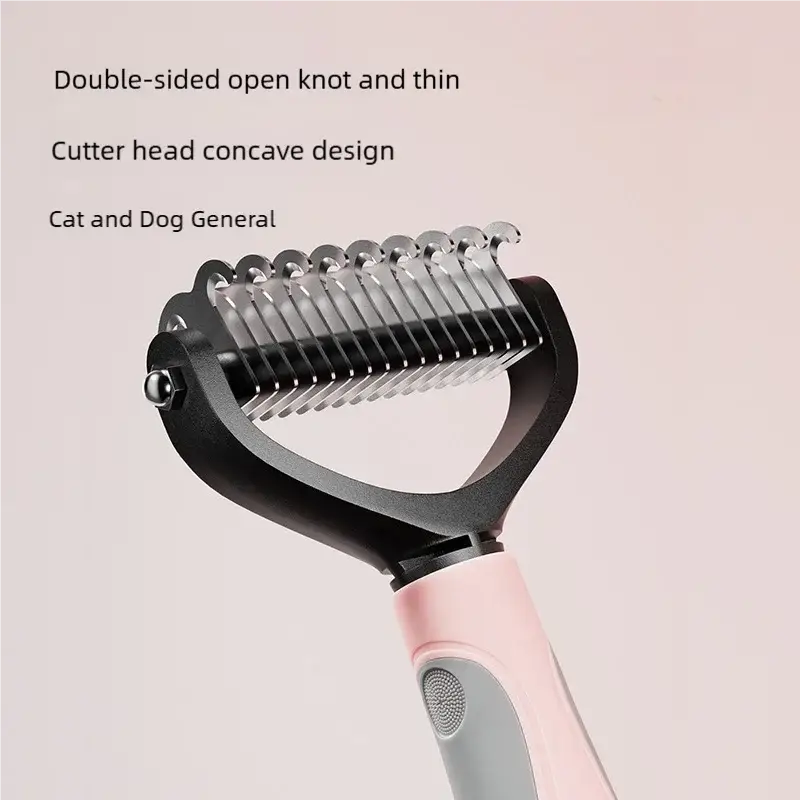 Pink and black stainless steel pet deshedding brush with double-sided open knot design for shedding and dematting