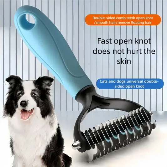 Blue and black double-sided stainless steel pet deshedding brush with smooth rounded teeth for easy hair removal