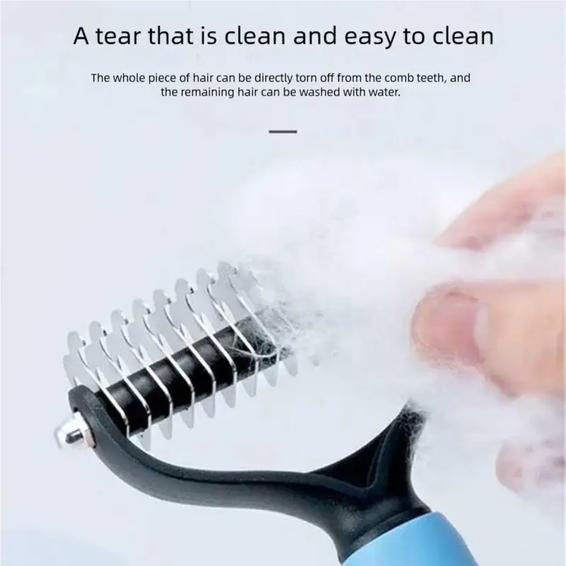 Black and blue double sided stainless steel pet grooming comb with metallic teeth for effective hair removal
