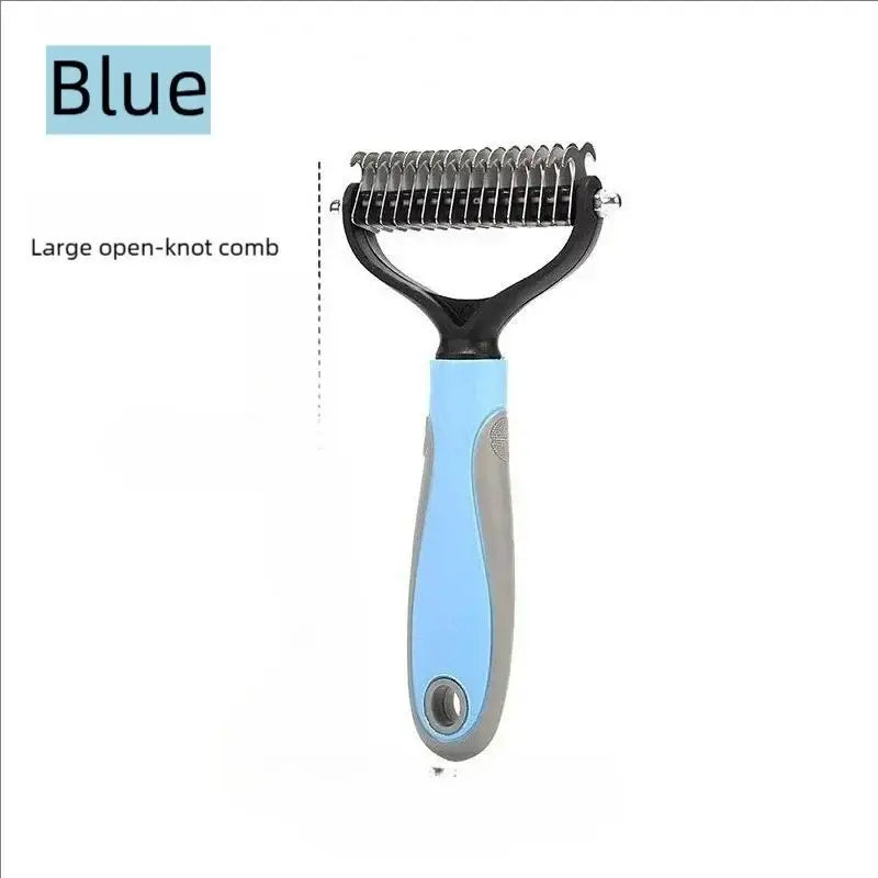 Blue and gray large open-knot stainless steel pet deshedding brush with black head for shedding and dematting