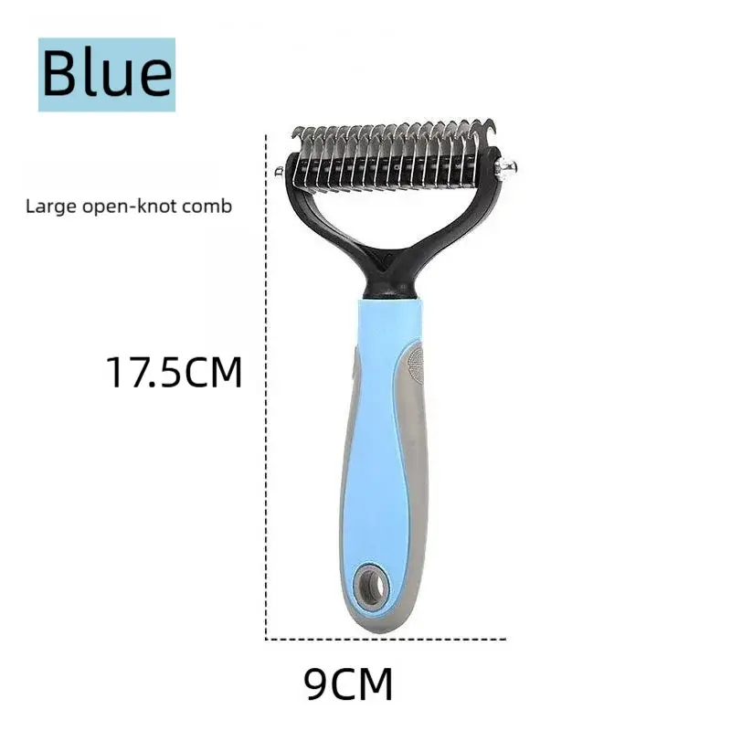 Blue and gray stainless steel pet deshedding brush with ergonomic handle and 17.5cm open-knot comb for grooming