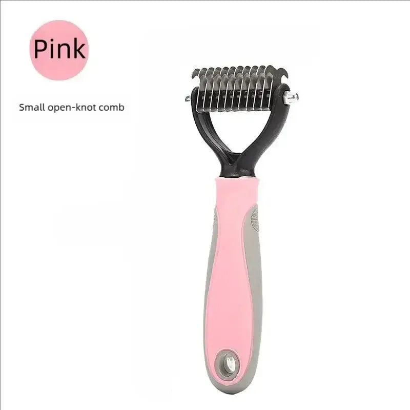 Pink and gray double sided pet deshedding brush with stainless steel metal toothed comb head for shedding and dematting