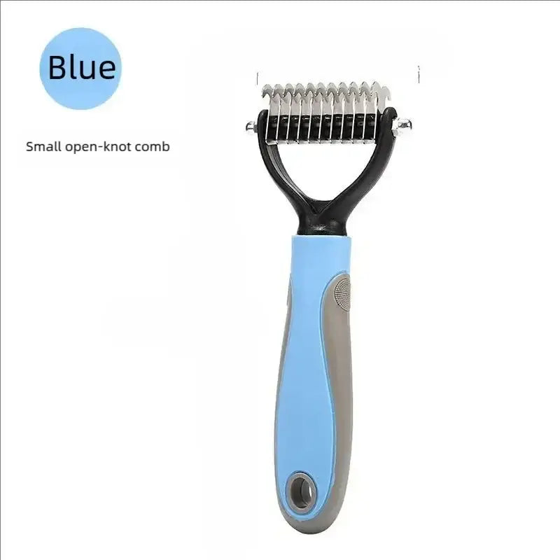 Blue and gray handled pet deshedding brush with stainless steel teeth for effective grooming and dematting