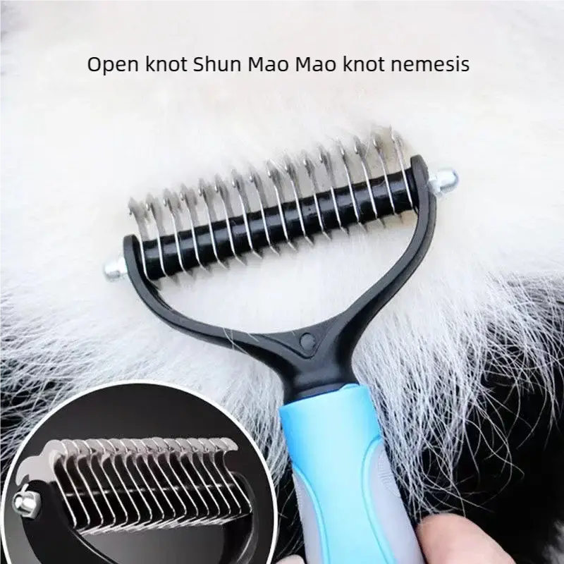 Blue and gray ergonomic handle pet deshedding brush with black metal body and stainless steel pins for detangling pet fur