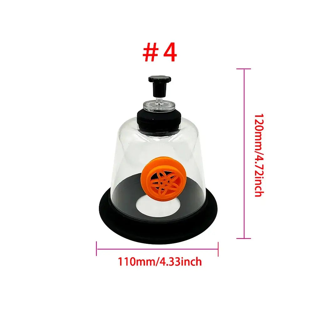 Clear glass suction cup oxygen mask kit with black base, pump, and orange internal component for pet inhalation