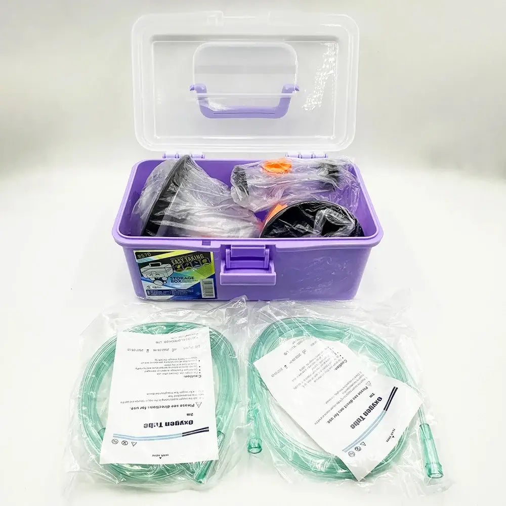 Purple plastic storage case with transparent lid containing veterinary oxygen masks and tubing for pets oxygen inhalation
