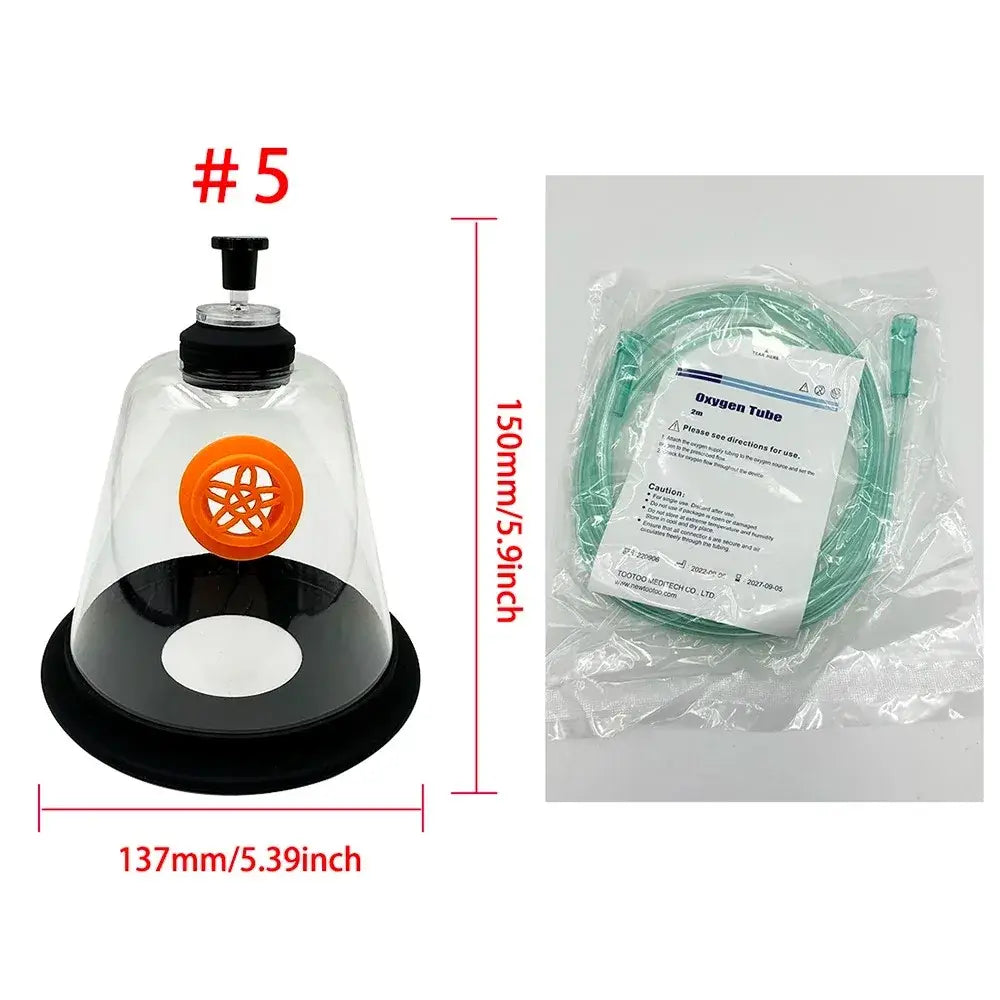 Clear glass suction cup with black base and orange valve labeled 5 for pet dog cat oxygen inhalation mask kit veterinary use
