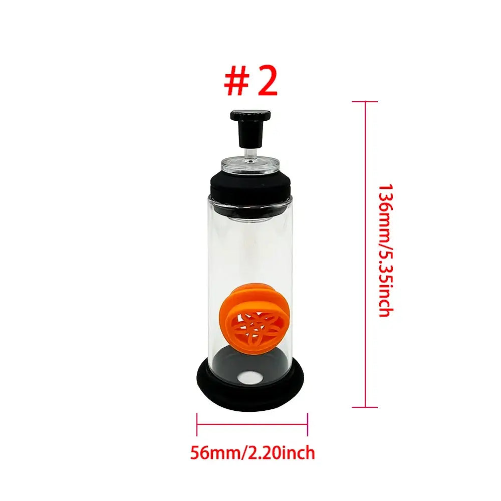Transparent glass vacuum pump with black plastic base and orange silicone filter for pet oxygen inhalation mask kit