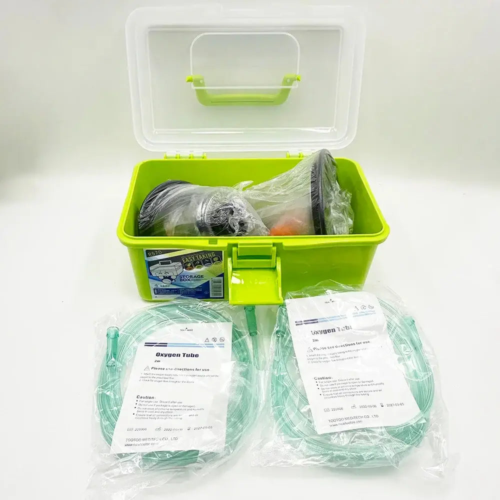 Bright green plastic storage case with lime green handle and latch containing veterinary oxygen mask kit for pets