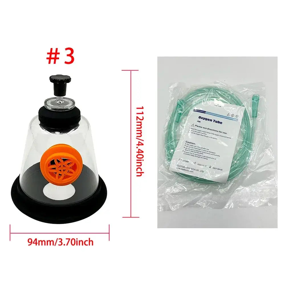 Clear glass suction cup with black base and orange valve and black pump top for pet oxygen mask kit veterinary instrument