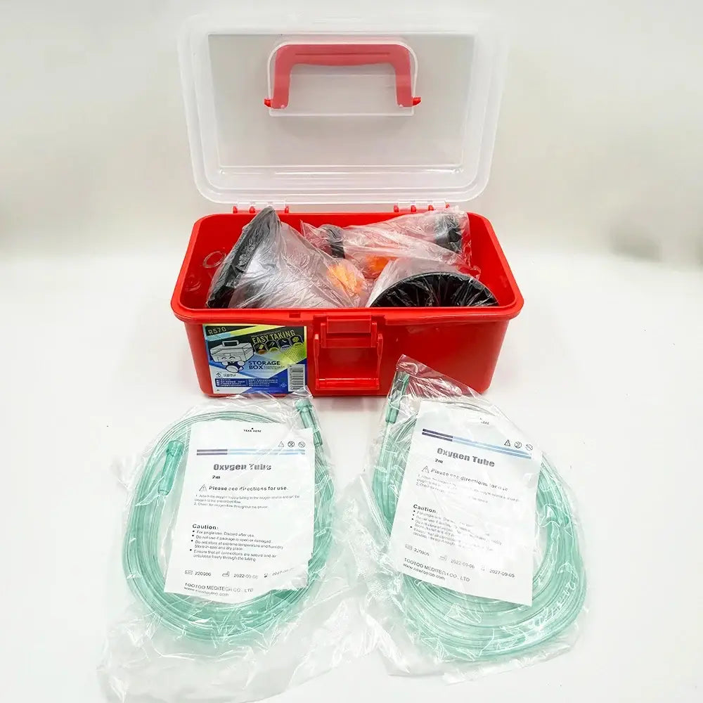Red plastic first aid kit with clear lid and handle containing veterinary oxygen mask kit for pet dogs and cats
