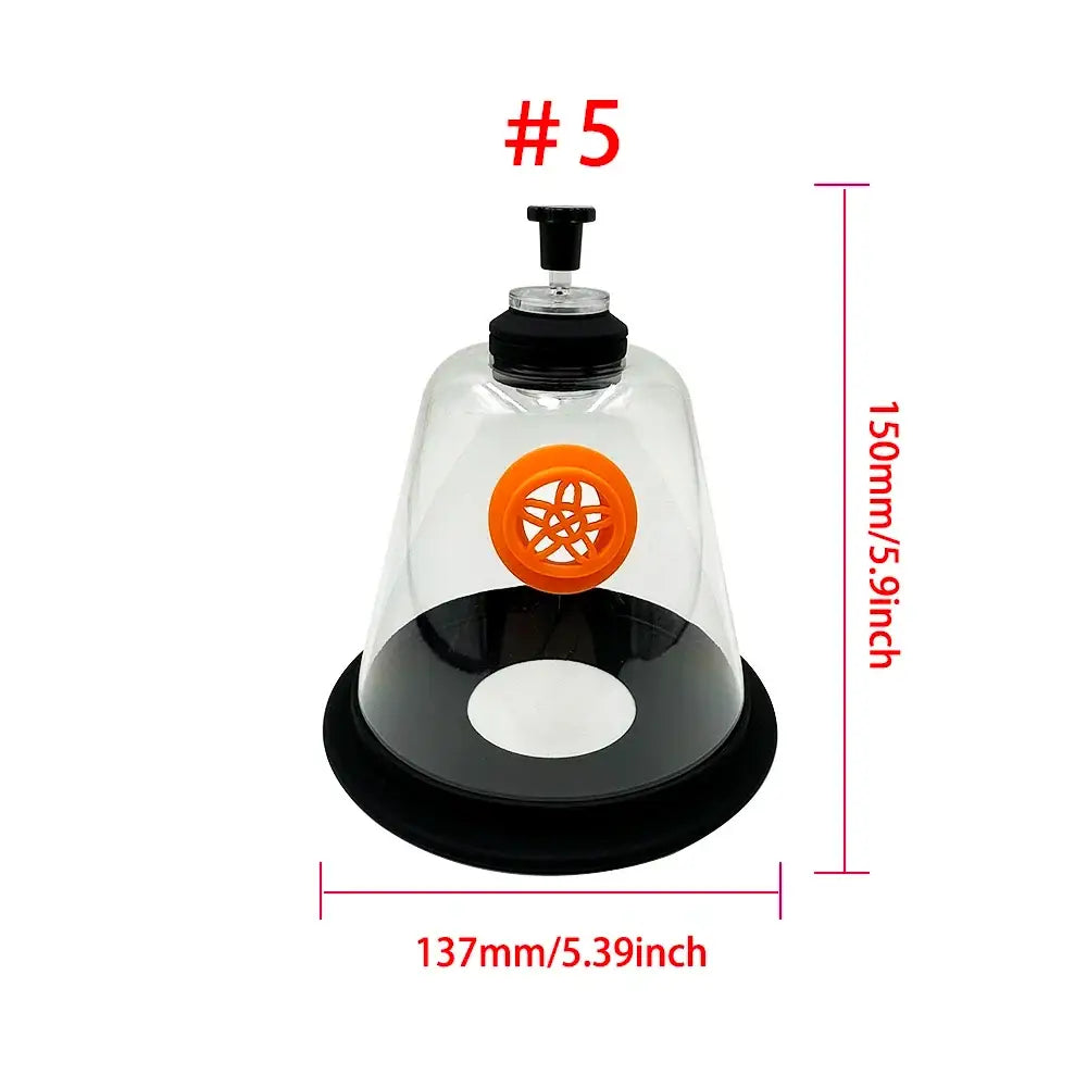 Clear glass bell jar oxygen mask with black pump and base featuring an orange emblem for pet oxygen inhalation