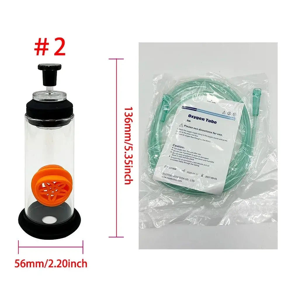 Transparent glass suction cup with black base and pump featuring orange circular filter for pet oxygen mask kit