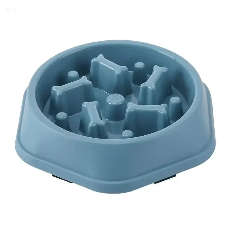 Blue plastic slow feeder dog bowl with bone shaped and cylindrical obstacles made of pp plastic for anti choking feeding
