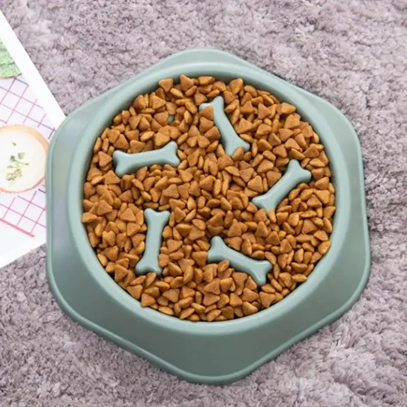 A light green silicone slow food pet bowl with bone-shaped slots filled with brown kibble for anti-choking feeding