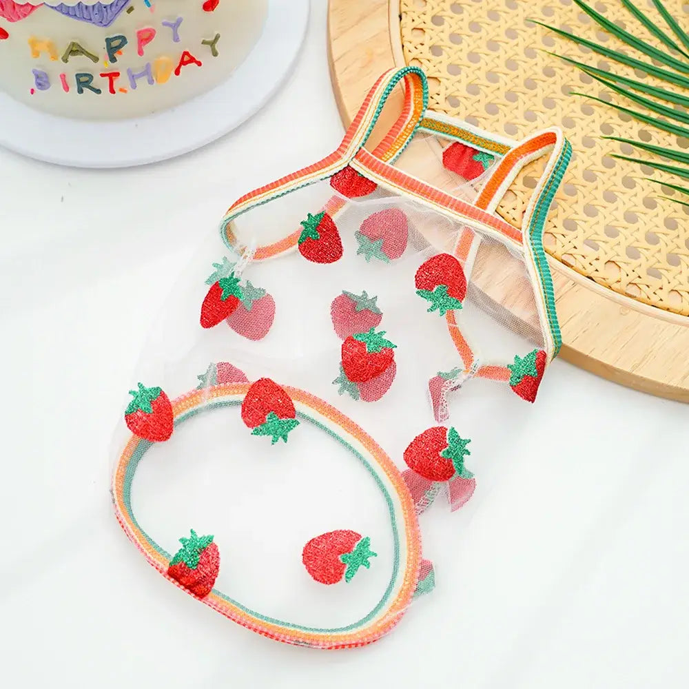 Clear strawberry-themed pet strap sunscreen vest with colorful ribbed trim mesh for dogs and cats