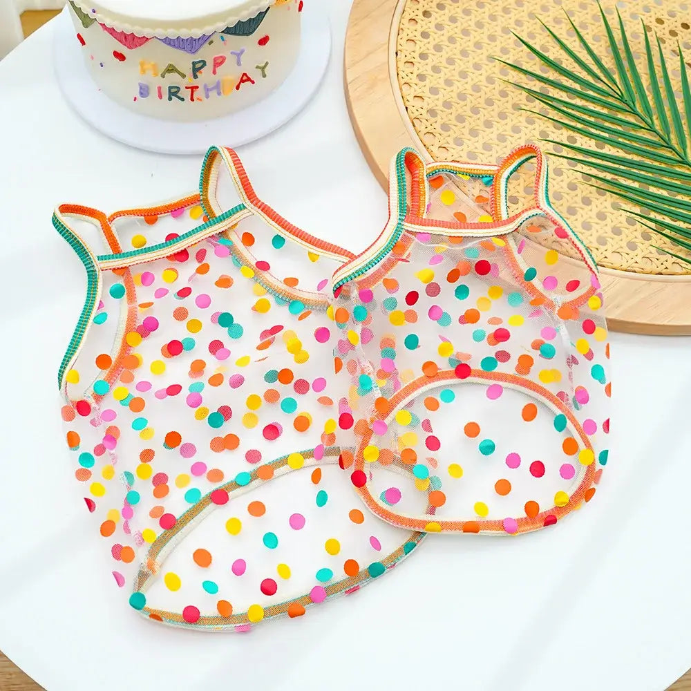 Clear pet vest with colorful polka dots and orange green pink trim mesh sunscreen clothing for dogs and cats