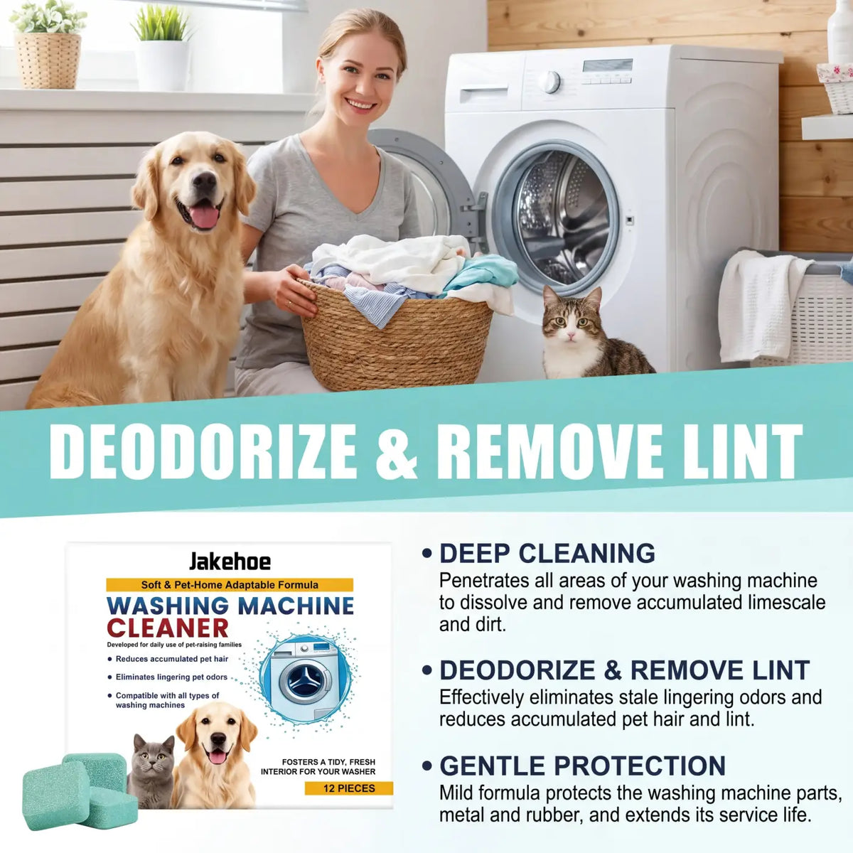 Pet washing machine cleaner tablets 12 pack teal rectangular jakehoe tablets for deodorizing and lint removal