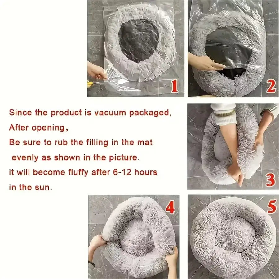 Plush round calming pet bed for cats and small dogs with soft gray faux fur and cushioned circular design