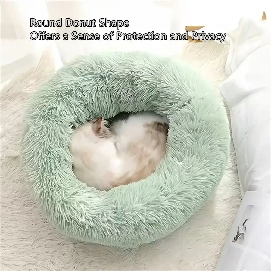 Soft mint-green plush round calming pet bed with fluffy texture for cats and small dogs