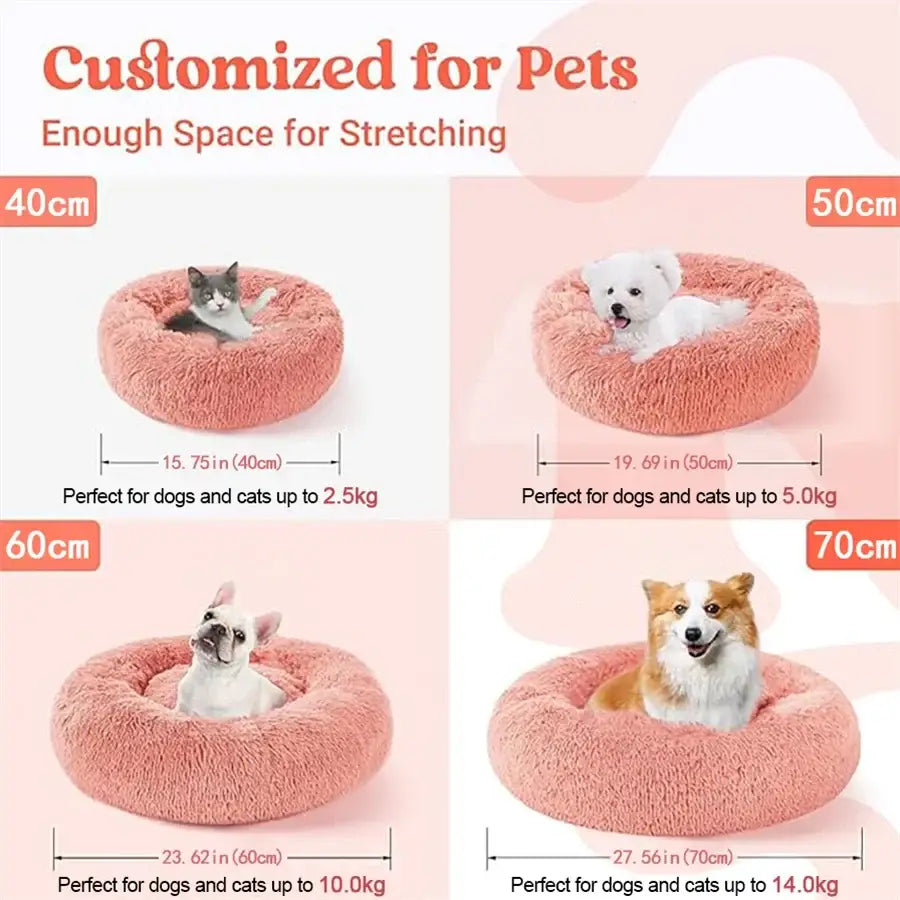 Soft plush pink round calming pet bed with cozy design available in varying sizes for cats and small dogs