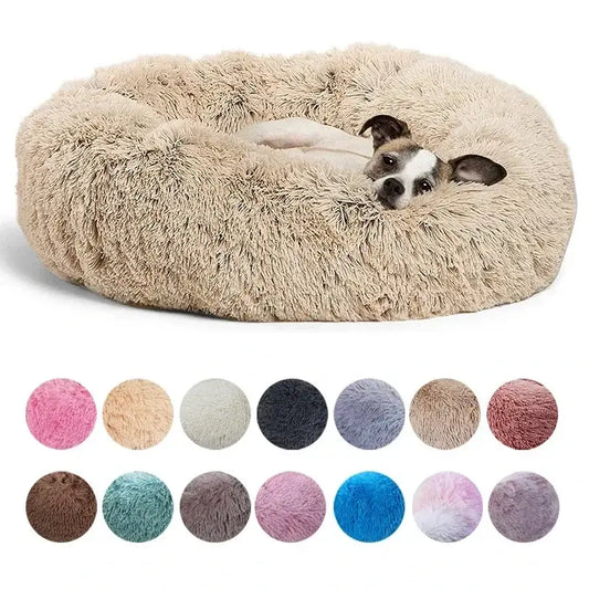 Beige fluffy donut-shaped plush round winter warm pet bed with soft exterior and cozy interior in six sizes