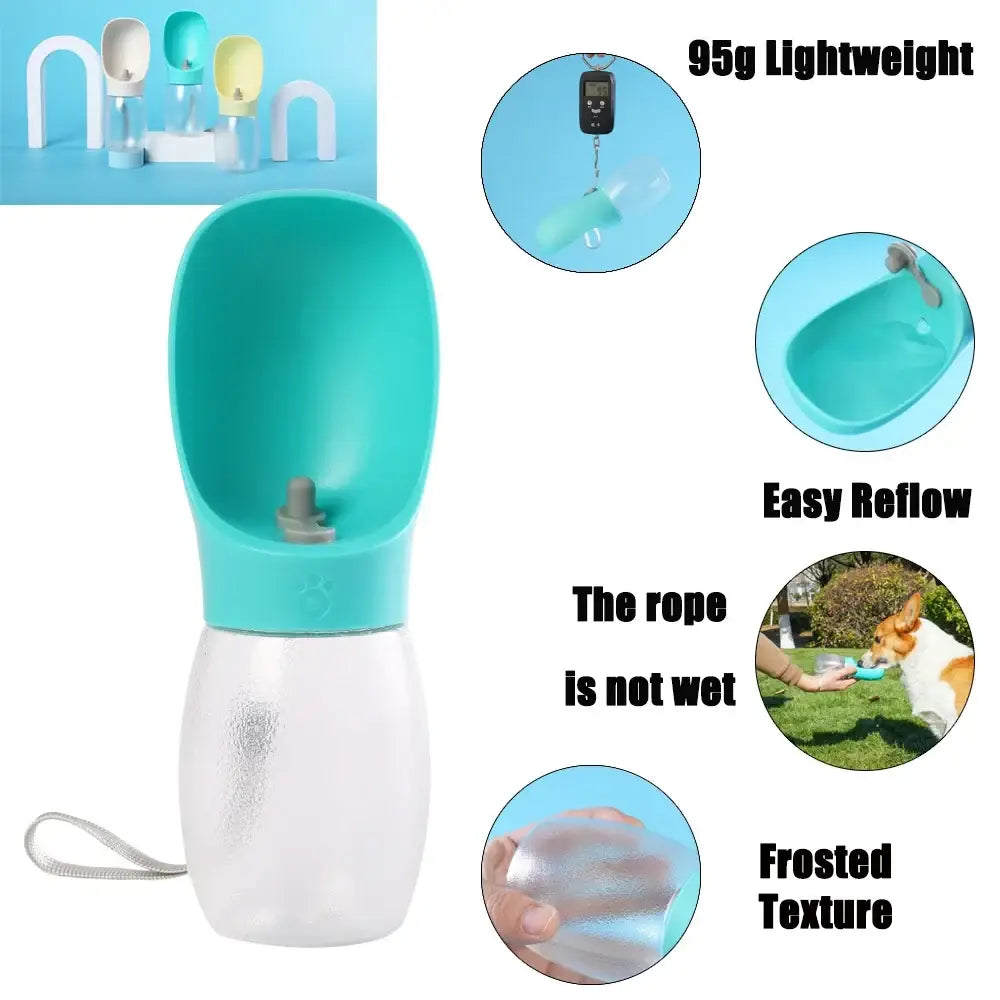 Portable 300ml dog water bottle and feeder in teal and clear plastic with a spout frosted base and carrying rope
