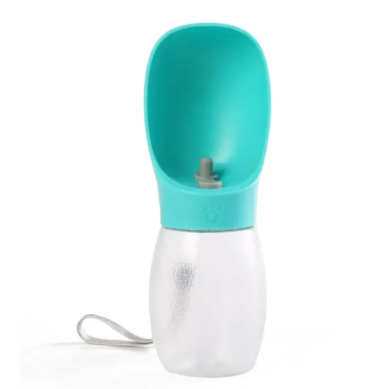 Portable 300ml dog water bottle and feeder with turquoise plastic body, clear translucent base, and gray spout