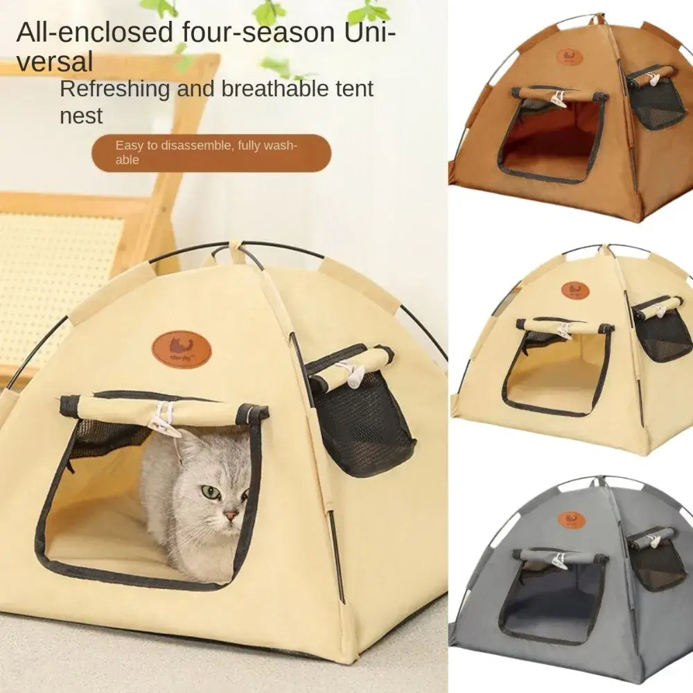 Beige and gray portable foldable cotton cat tent house with all-enclosed design mesh side pockets and black trim
