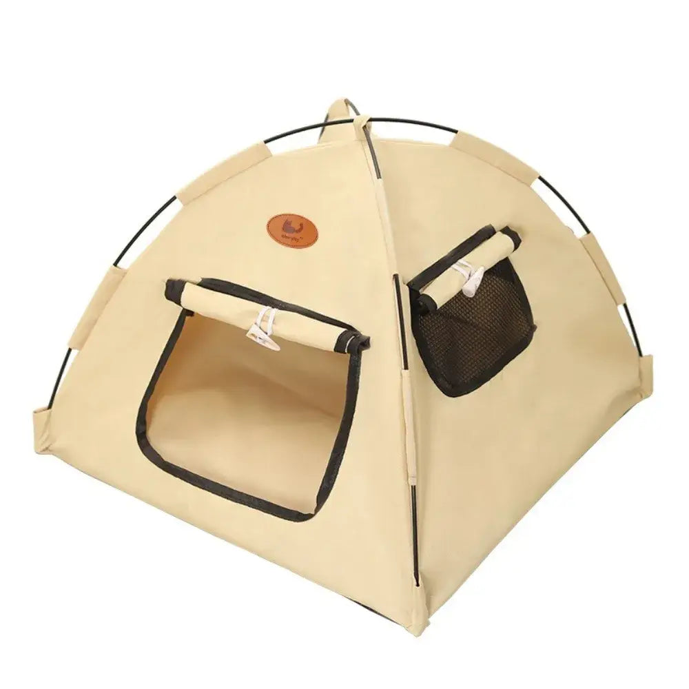 Portable foldable cotton cat tent house in beige with black trim and mesh side pocket for pet comfort and ventilation