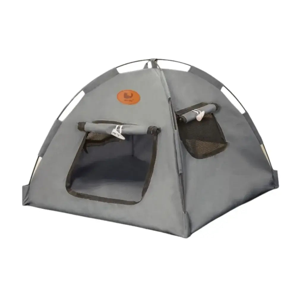 Gray portable foldable cotton cat tent house with mesh windows and side pockets for pet comfort and convenience