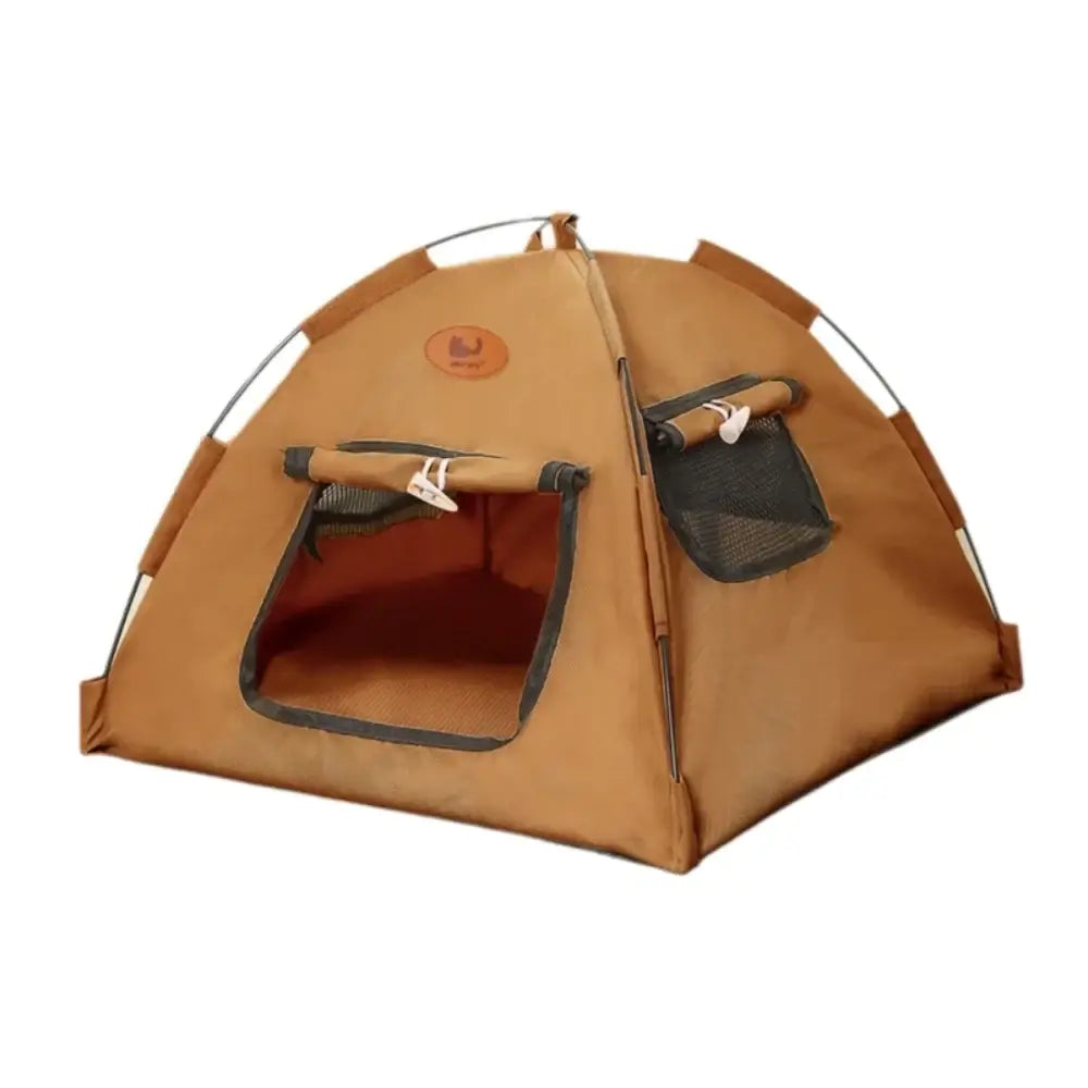 Portable foldable cotton cat tent house in tan with black trim featuring a mesh side pocket and entrance flap