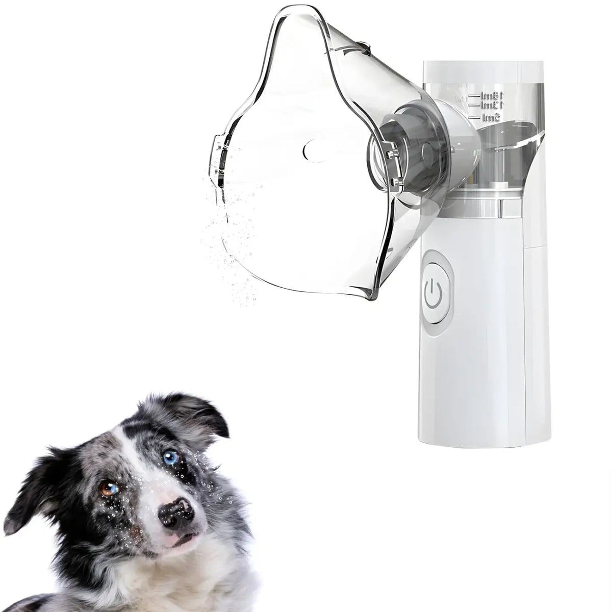White handheld portable pet nebulizer machine with transparent mask and power button for animal inhaler use