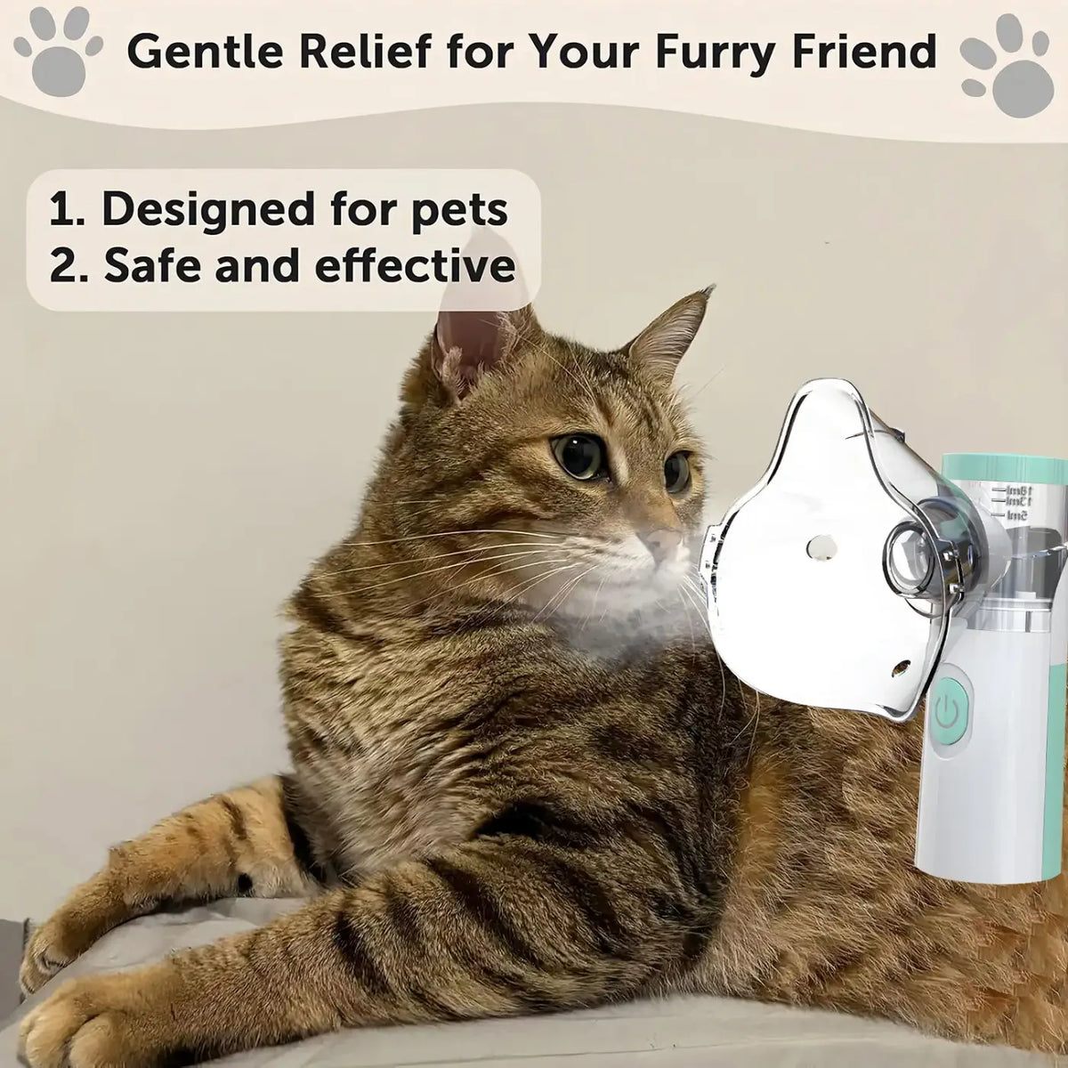 White and teal portable pet nebulizer inhaler mask with sleek modern design for gentle animal respiratory relief