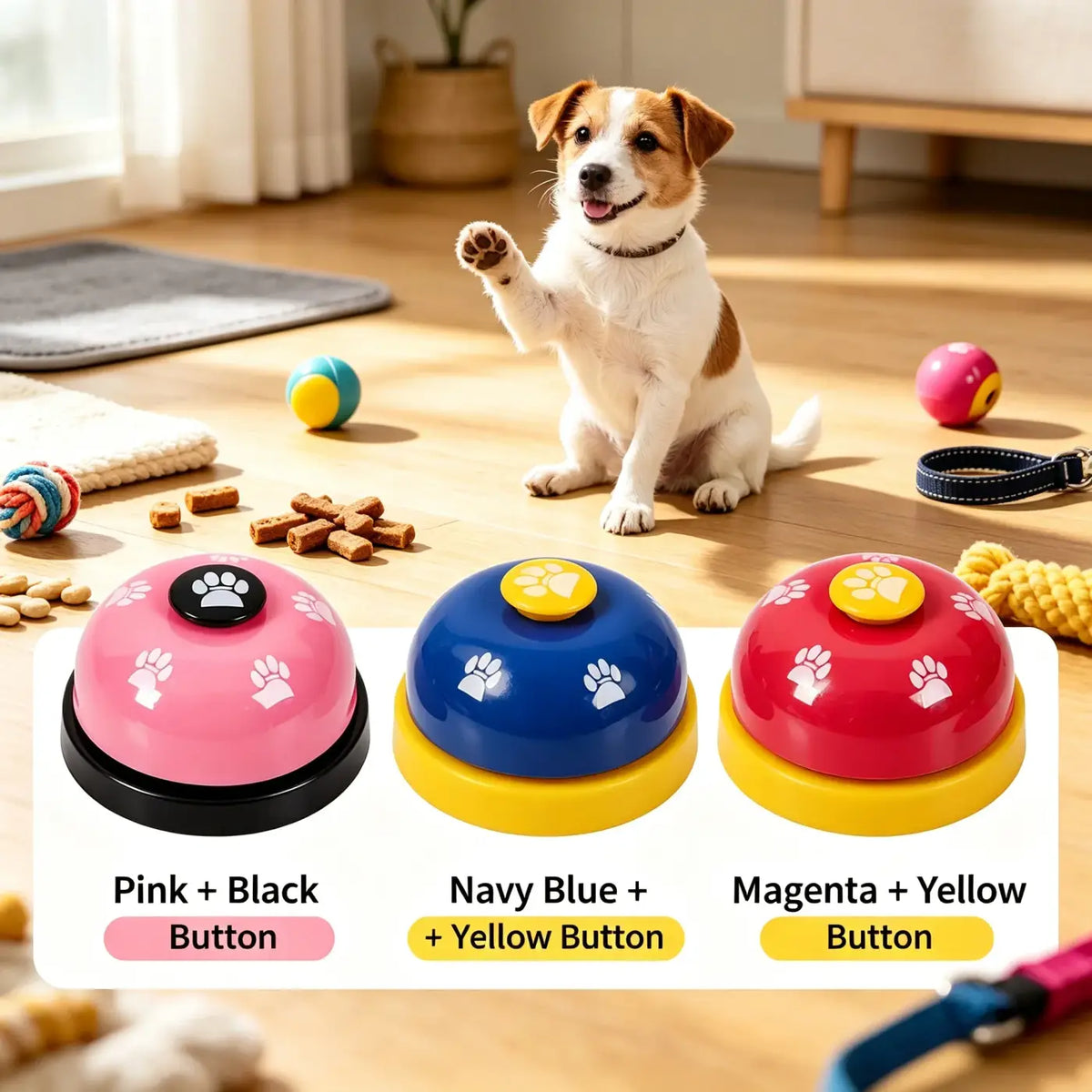 Portable pet training and communication bells in pink black navy blue yellow and magenta with paw print decals